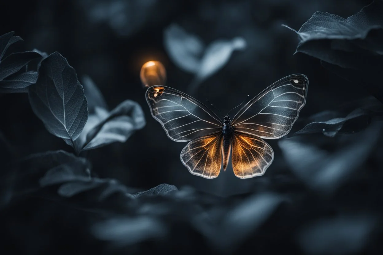 diaphanous transparent light butterfly with glowing center on dark grey leaves, ethereal, otherwordly, cinematic postprocessing, bokeh, dof