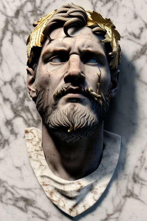 Ultra Realistic image, Roman sculpture, white marble material, Lionel Messi, gold Laurel leaves wreath, renaissance ornaments, one gold star, chisel style, waist up portrait, epic, celestial, cinematic lighting, God light, god rays, 4k resolution, smooth details, ornate details, soft lighting, unreal engine 5, marble background.