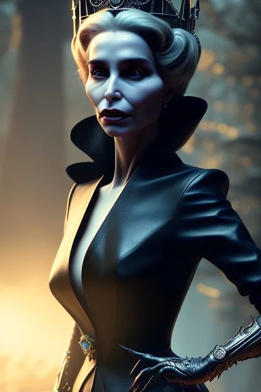 Constance Langdon as evil queen in black leather, leather, busty, cleavage, angry, stern look. character design by cory loftis, fenghua zhong, ryohei hase, ismail inceoglu and ruan jia. unreal engine 5, artistic lighting, highly detailed, photorealistic, fantasy