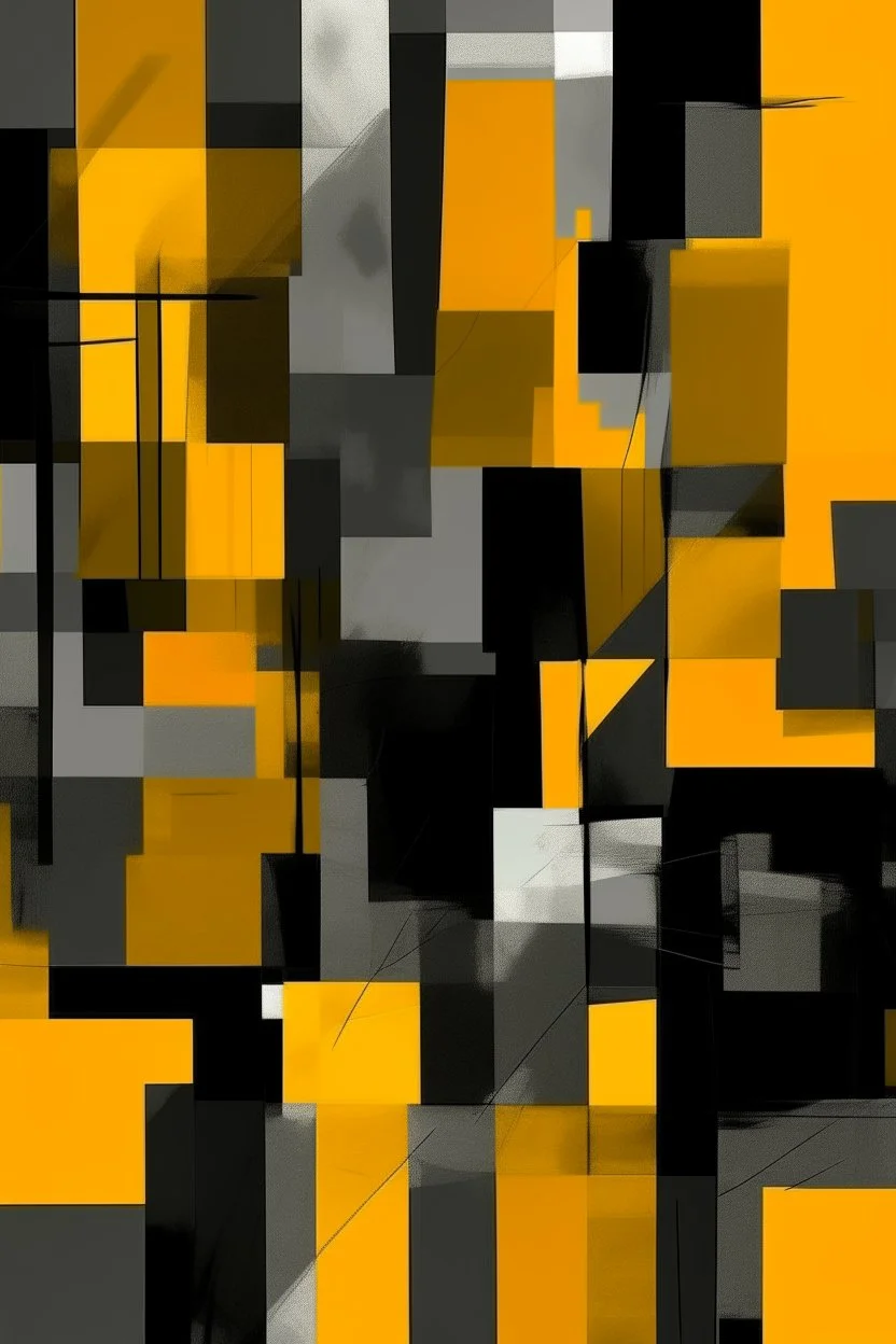 “Create an abstract composition featuring layered rectangular forms in shades of deep charcoal gray and vibrant mustard yellow. The design should have a textured, almost paper-like quality, with edges that appear torn or irregular, set against a dark, solid background. The overall mood should be contemplative and modern, with a balance of opacity and translucency in the layers.”