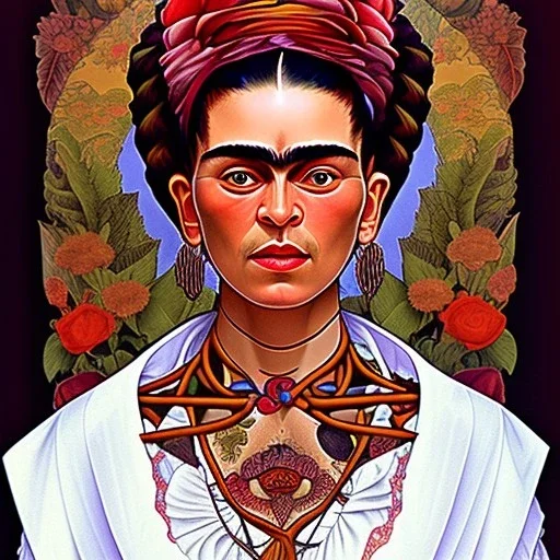 A beautiful portrait of Frida Kahlo by alphonse mucha, japanese tatoos, 4k, high details