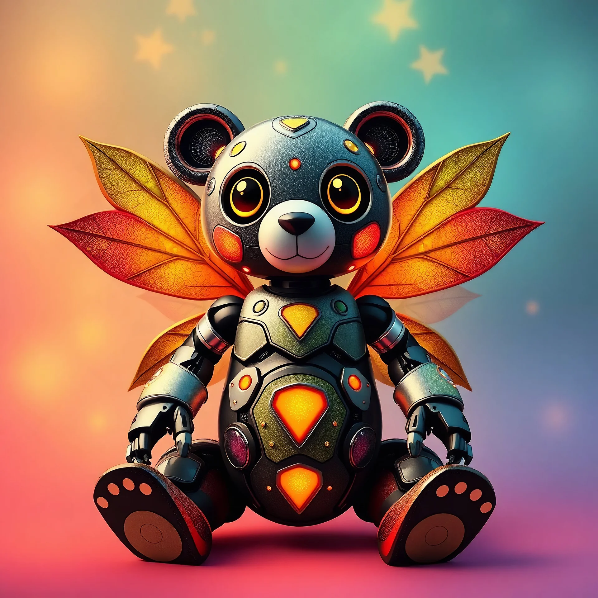 Create fairy robot bear with leaf wings for kids and fairytale multicoloured background