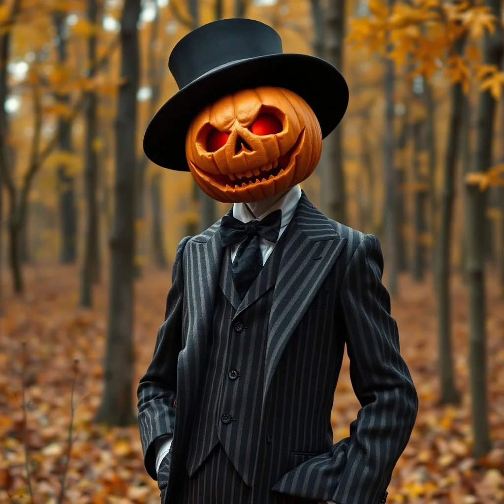 Pumpkin king in 1920s suit in an autumn forest spooky