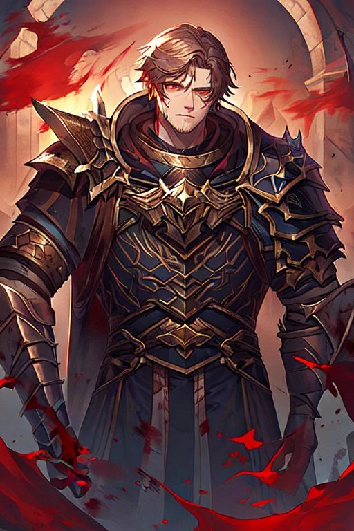 Armored Male Blood Knight Elf by manhwa or korean webtoon style there are lightning and blood spurts around the man, his face pointed at the camera, and with a serious look he lets his opponent know that it's his turn