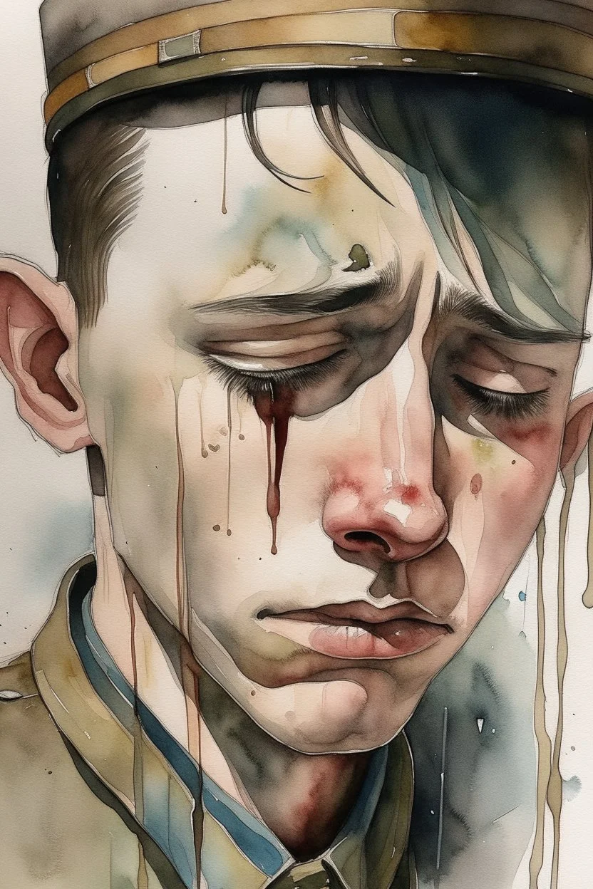 Watercolored crying soldier