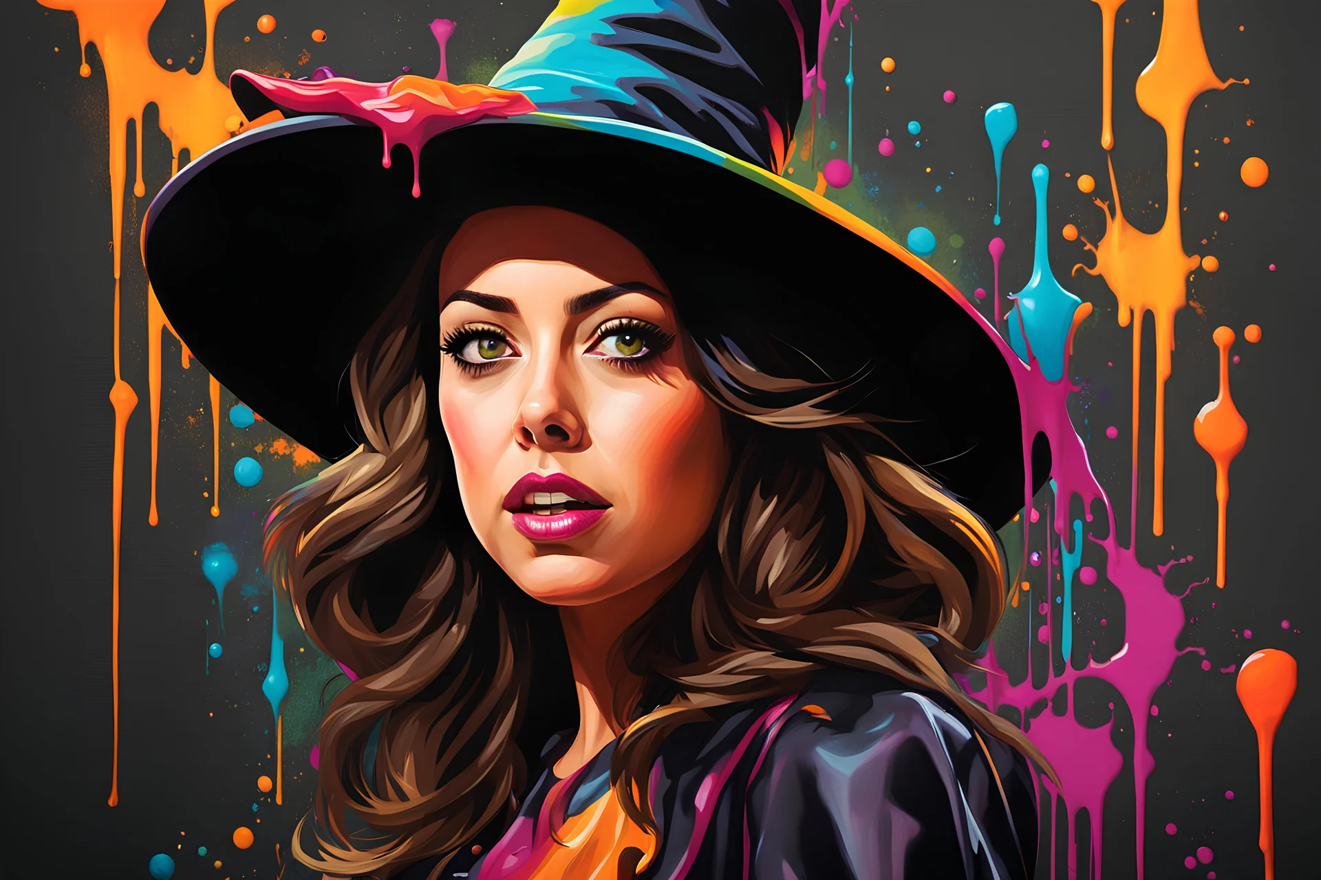 Aubrey Plaza as a beautiful Halloween witch. graffiti art, splash art, street art, spray paint, oil gouache melting, acrylic, high contrast, colorful polychromatic, ultra detailed, ultra quality, CGSociety