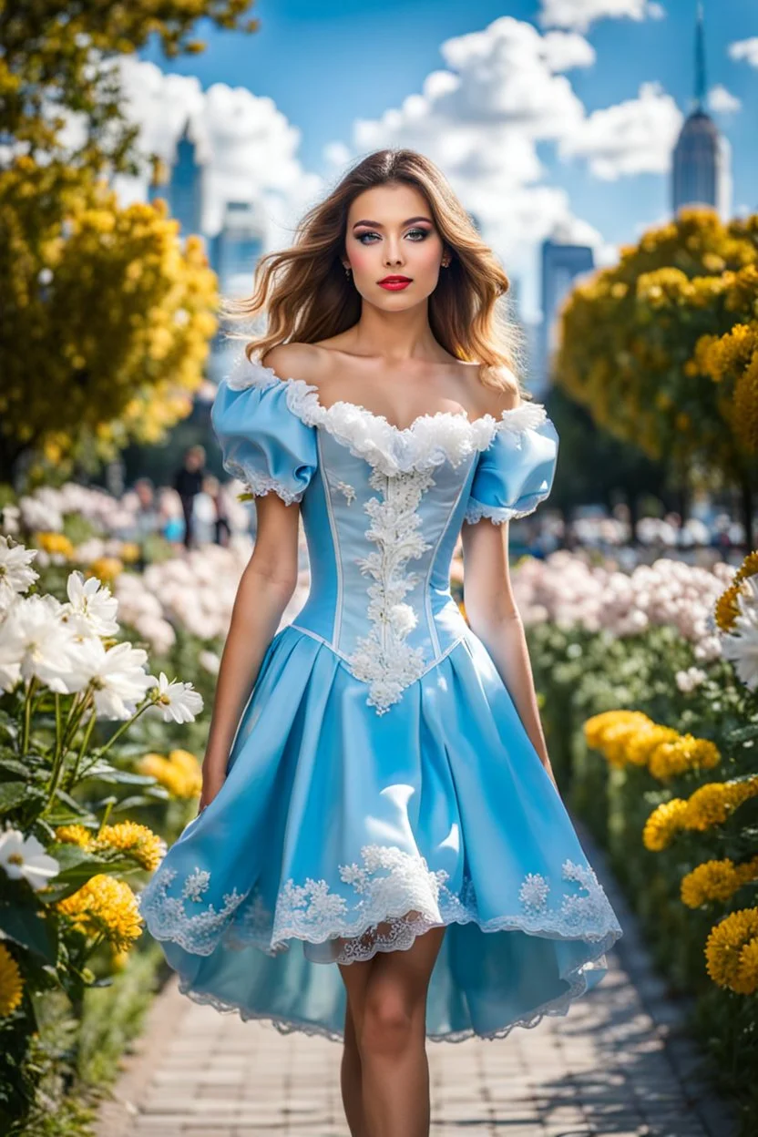 fullbody girl makeup wearing a victorian short dress walking in moder city of 2040 park ,flowers ,pretty clouds in blue sky,city escape.