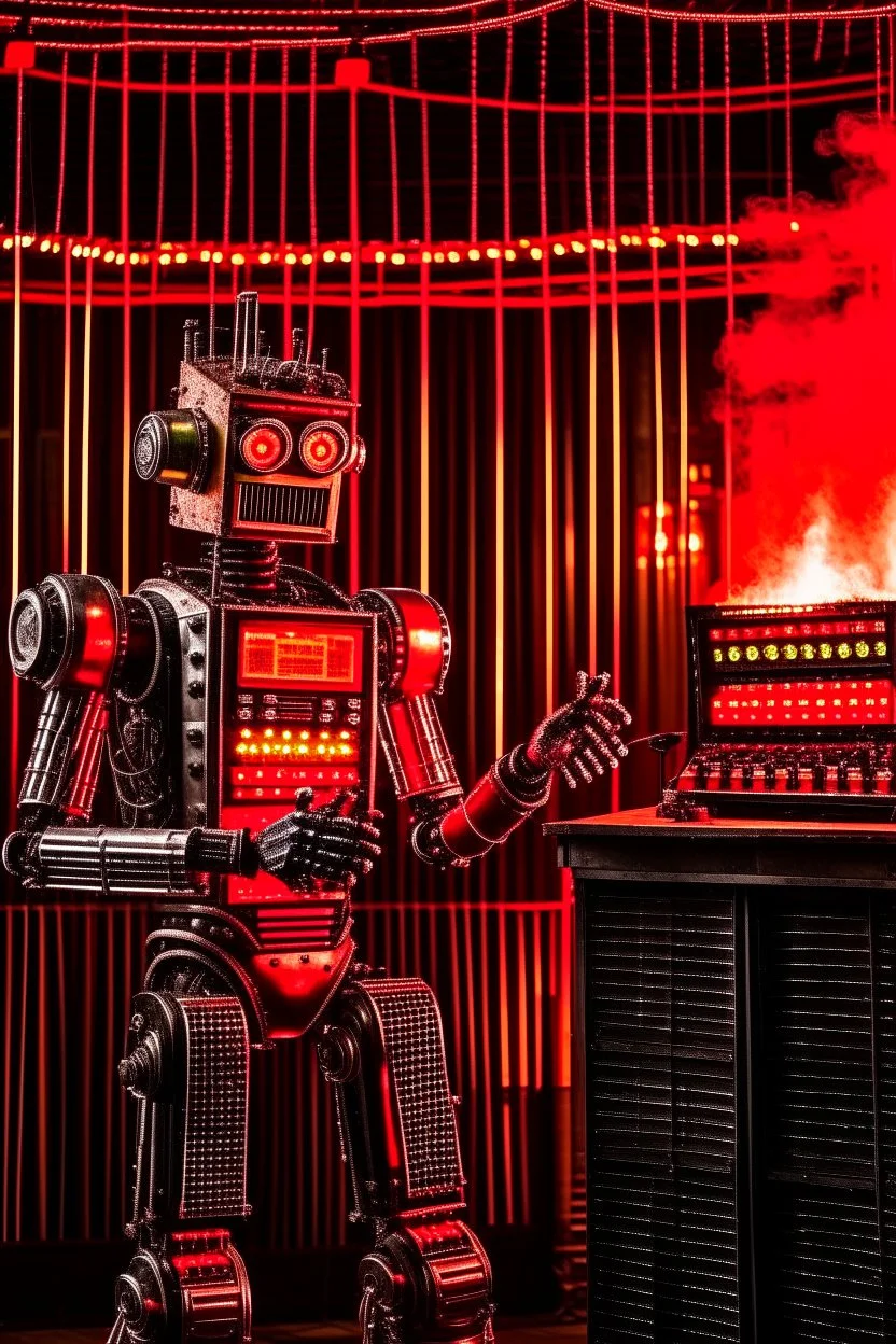 A hard rock robot hosts a radio show in a burning club