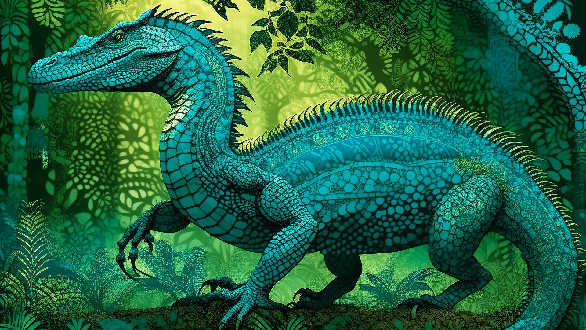 A majestic, glowing Komodo dragon, inspired by the intricate patterns of Indonesian batik, stands victoriously in a lush, misty Jurassic forest, surrounded by ancient tree trunks and twisting vines. The atmosphere is warm and humid, with a sense of primal power emanating from the dragon's majestic stance. Incorporating iridescent blues and emerald greens to evoke a sense of mysticism and wonder. Art style: Inspired by the vibrant colours and organic patterns of batik art, with hints of mystical