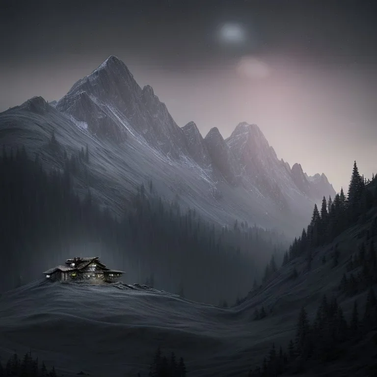 A mysterious killer, sense of fear, mountain hut in the background, Alps, night sky, 8k, HD, cinematography, photorealistic, Cinematic, Color Grading, Ultra-Wide Angle, Depth of Field, hyper-detailed, beautifully color-coded, insane details, intricate details, beautifully color graded, Cinematic, Color Grading, Editorial Photography, Depth of Field, DOF, Tilt Blur, White Balance, 32k, Super-Resolution, Megapixel, ProPhoto RGB, VR, Halfrear Lighting, Backlight, Natural Lighting, Incandes