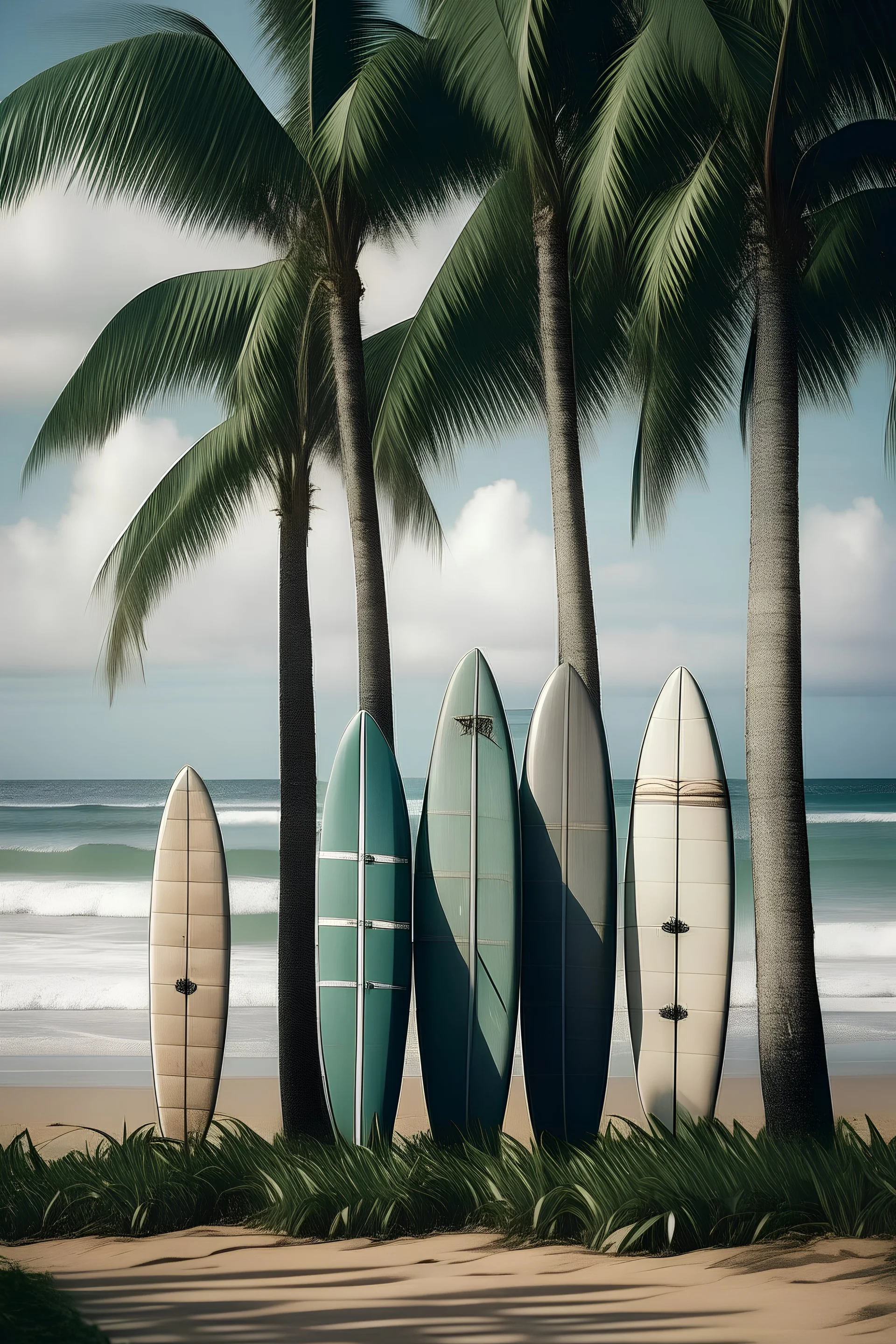 Image of coconut trees and beach and surfboard