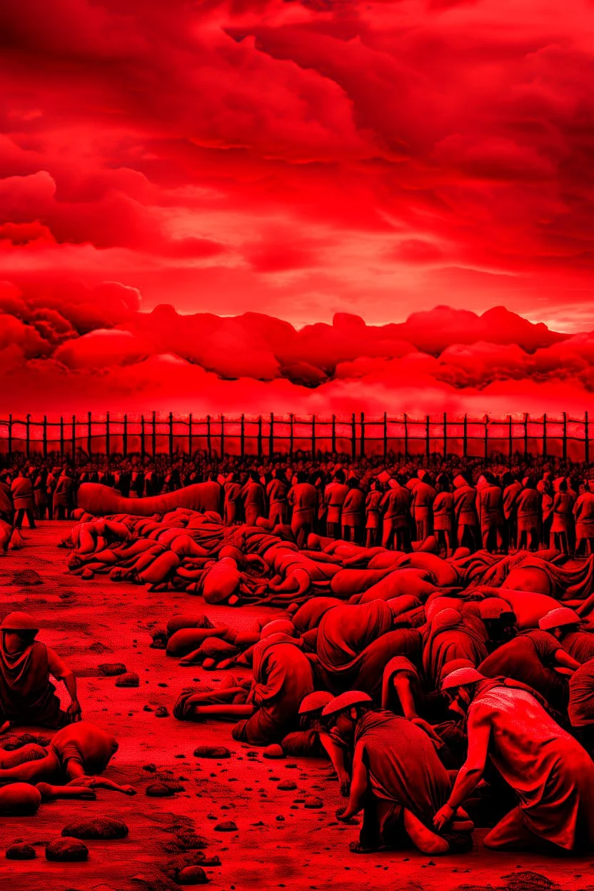 Prisoners line up in hell , red clouds in the sky with huge amount of dead people laying on the ground