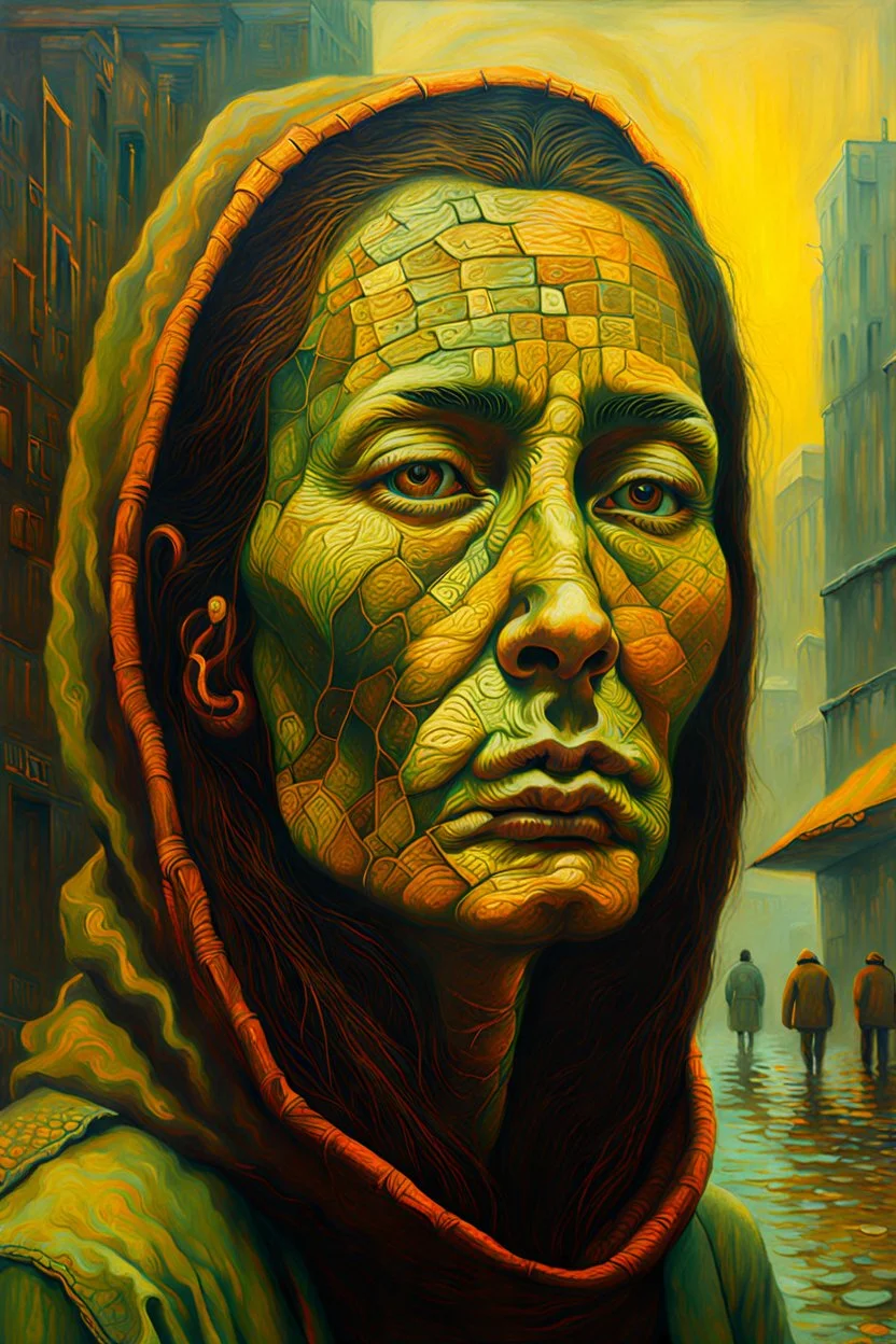 Oil painting of surreal homeless cyberpunk female wander with highly detailed facial features in the style of Zdzislaw Beksinski, light luminous colors and otherworldly dystopian aesthetic, decay and the grim struggle for life