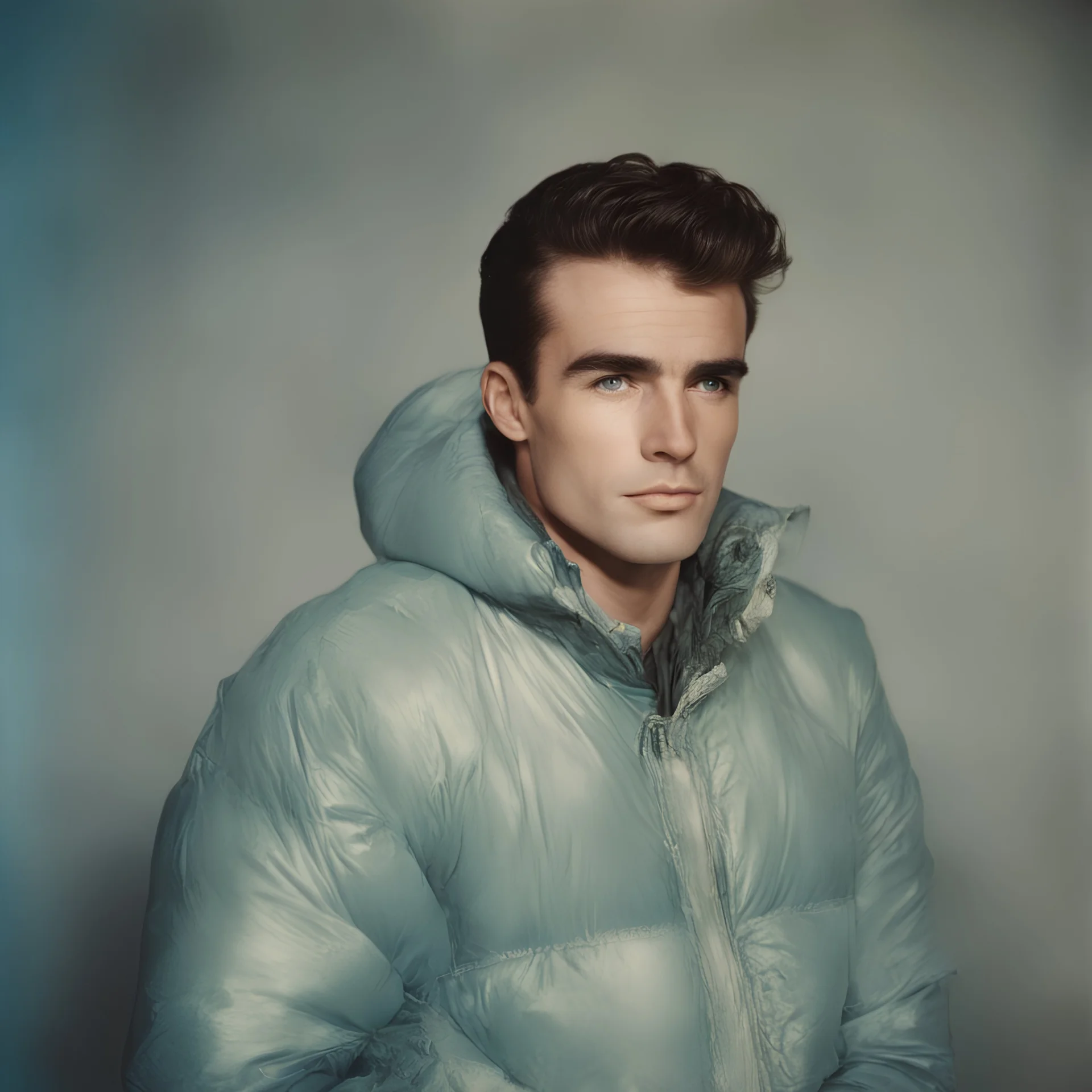 Actor montgomery clift, blue, autochrome, plastic puffy jacket