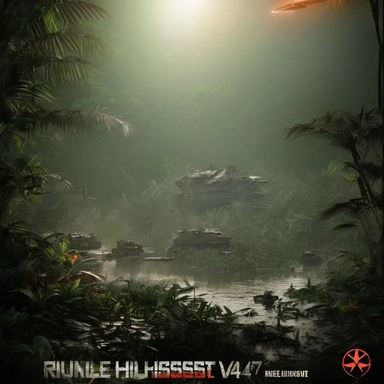 vietnam war. jungle. poster. bokeh. lens flare. warm lights. high detailed