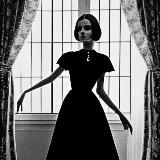 A woman in black dresses adorning a room, 1970s, photography sharp focus by Jean Rollin, hermitpunk, mallgoth