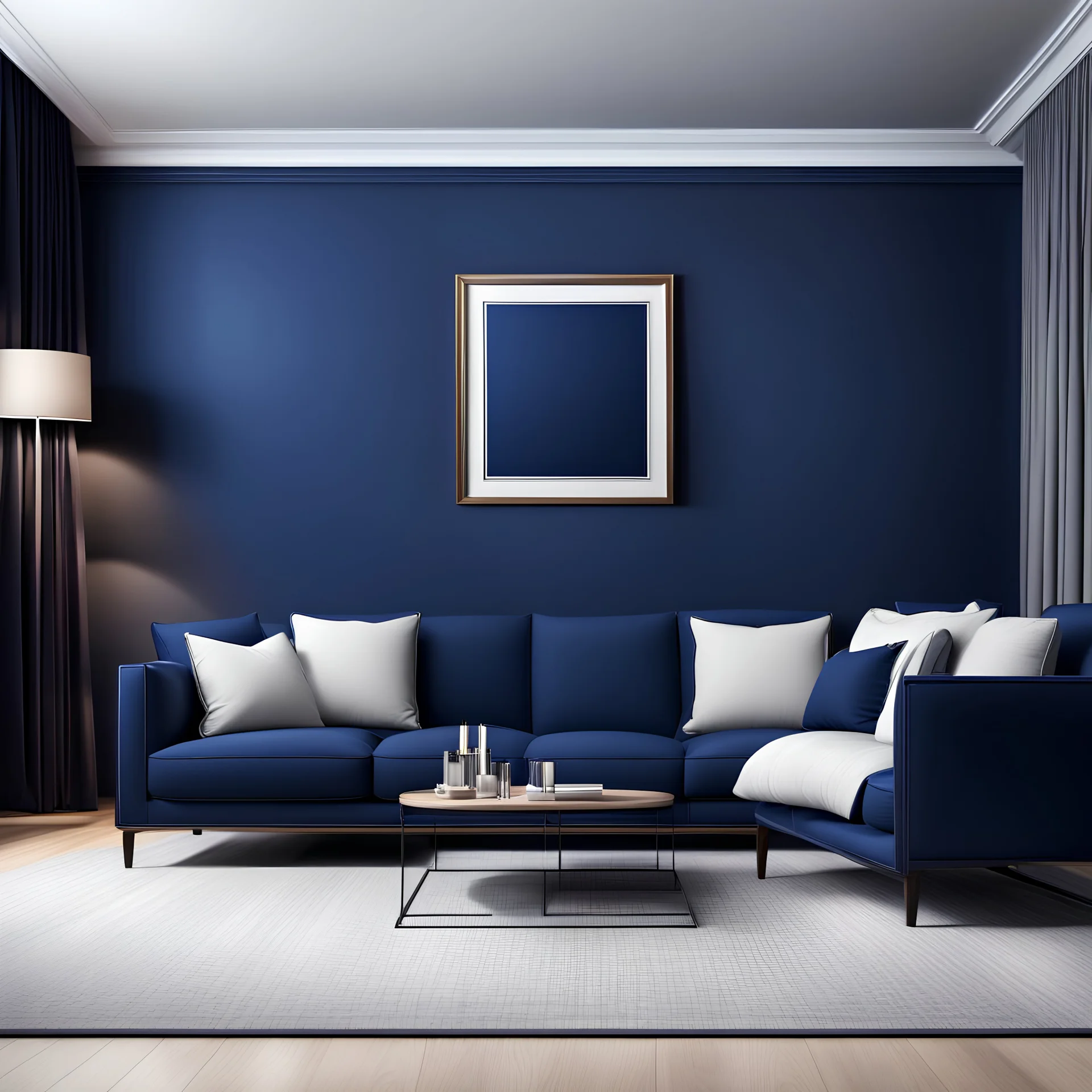 Realistic apartment interior design, calm empty dark blue wall, with one empty picture frame in a living room