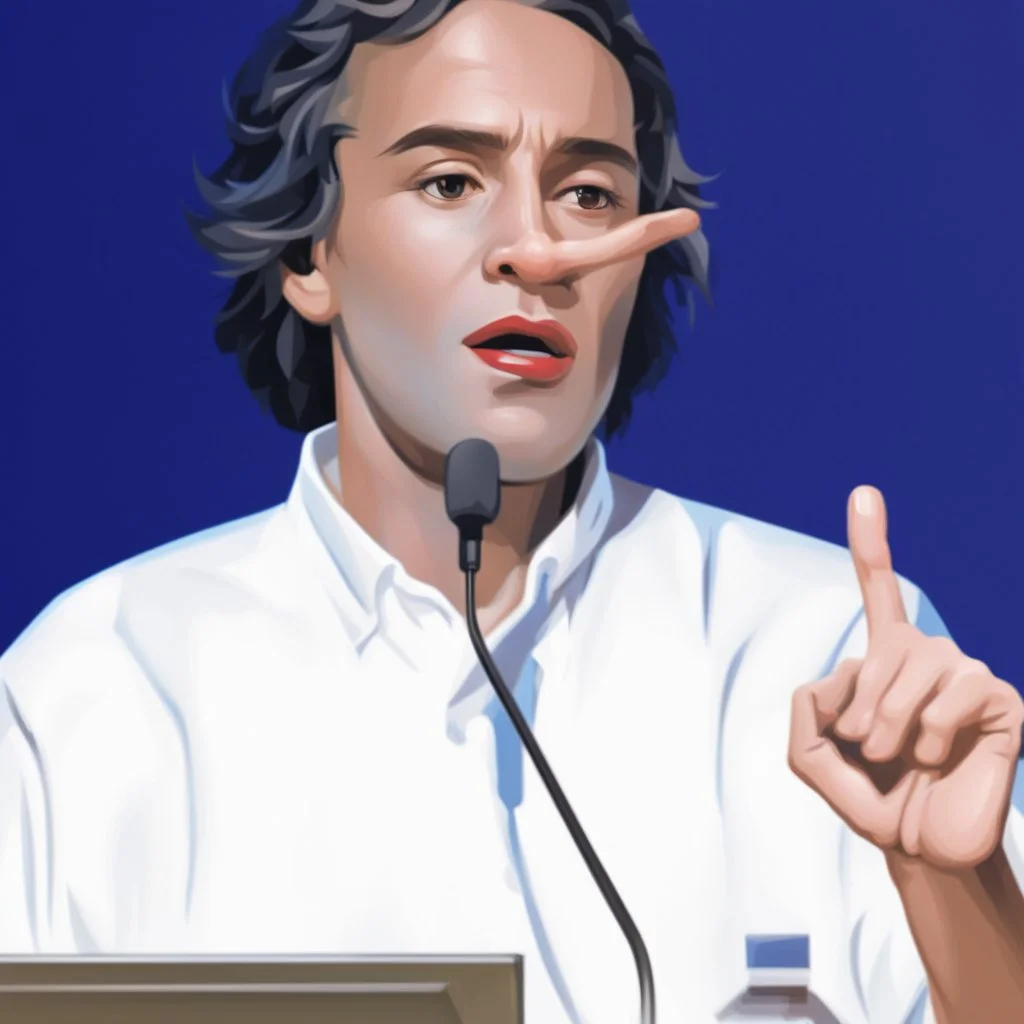 vector illustration man with a 50 centimeter long nose speaking at a lectern with microphone, (((black background))), white, black and red colors