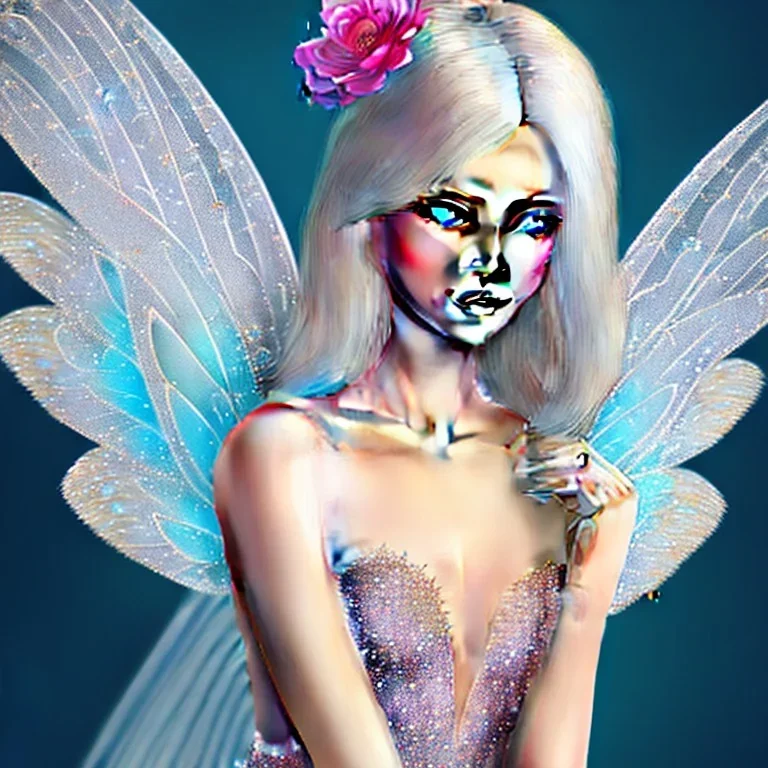 fantasy fairy with transparent wings, smiling, make up, long platinum blond hair with crown and flowers, blue eyes, pink dress