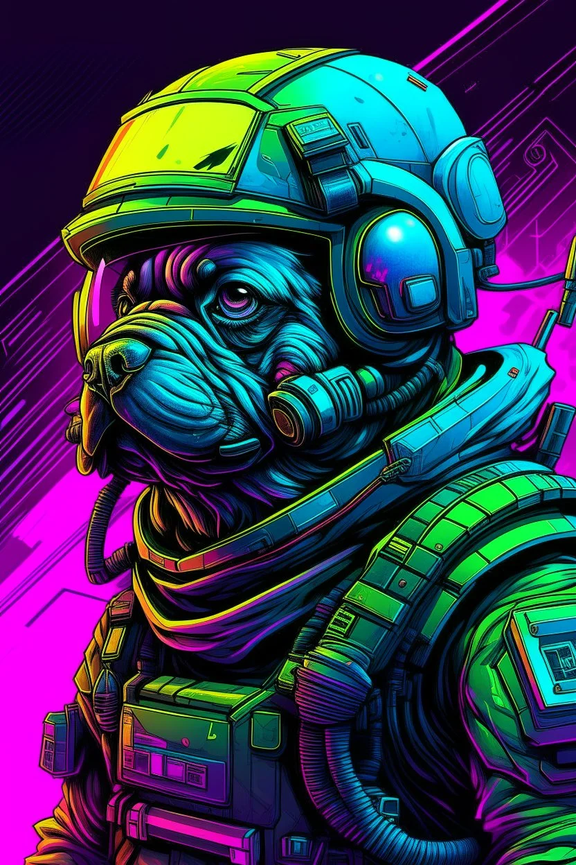 pug soldier with rilfe M4 with helmet with neon background color with text Szczepan with cyberpunk style