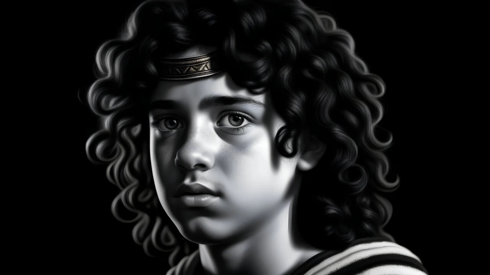 angry young posh boy in ancient rome with long dark curly hair, 4k, sharp edges ,Chiaroscuro, hyper realism, realistic, highly detailed, high contrast black and white, sharp