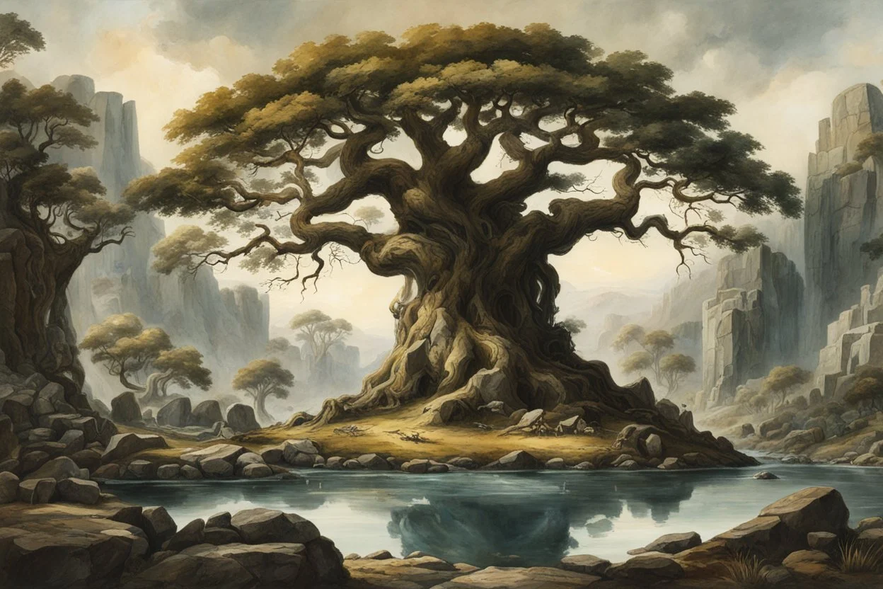 museum quality oil with watercolor underpainting of Yggdrasil, the world tree towering over a circle of ancient Druidic standing stones, elevated camera view , in the style of Karl Bodmer, and Winslow Homer, rendered as an aquatint, with a fine art aesthetic, highly detailed , 8k UHD cinegraphic realism, dramatic natural lighting,