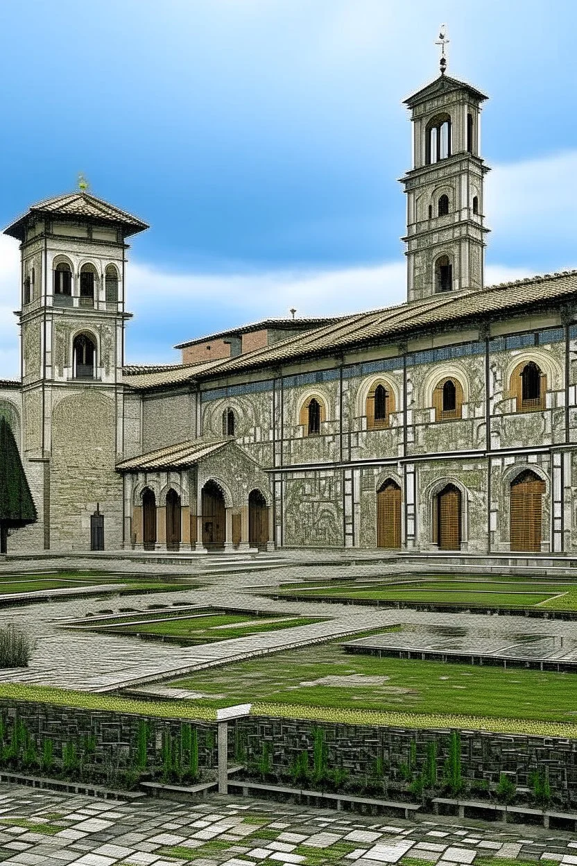 A gray monastery made out if steel designed in ancient Roman mosaics painted by Vincent van Gogh