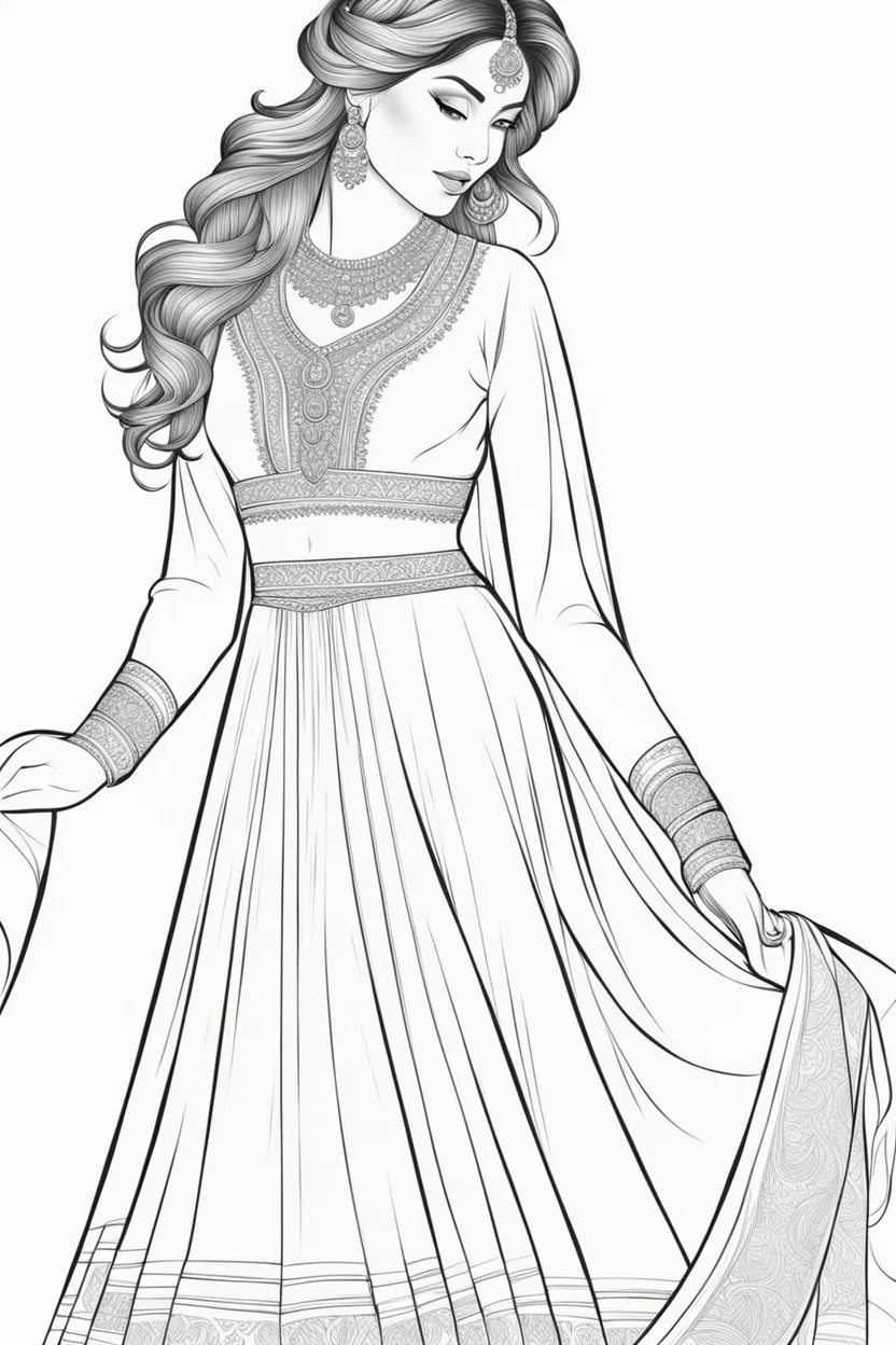 coloring page for adults of fashion model wearing hindi dress, thick and clear lines hair, full body portrait, style clean coloring page for adults, cartoon style, clean line art high detailed, white background, coloring book style, 8k, no-shading, thick lines hair, no-grayscale, lines hair