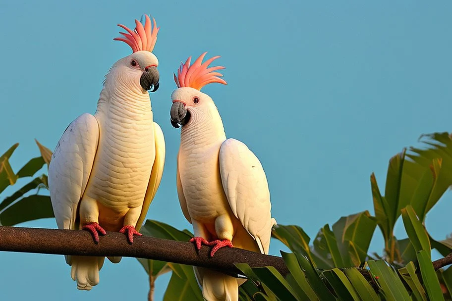 cockatoos, tropical paradise island, sunset