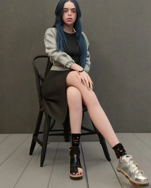 Billie Eilish, sitting on a chair, Black Short Dress, high detail, realistic