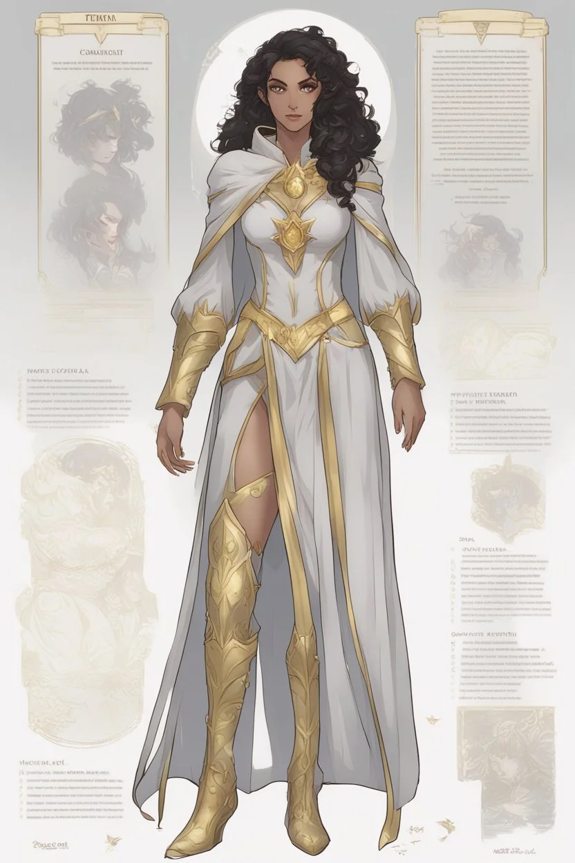 Dnd character sheet, full body. A female Moonelf twilight cleric with black curly hair and golden eyes, wearing gray robes. Etheral, muscular, beautiful