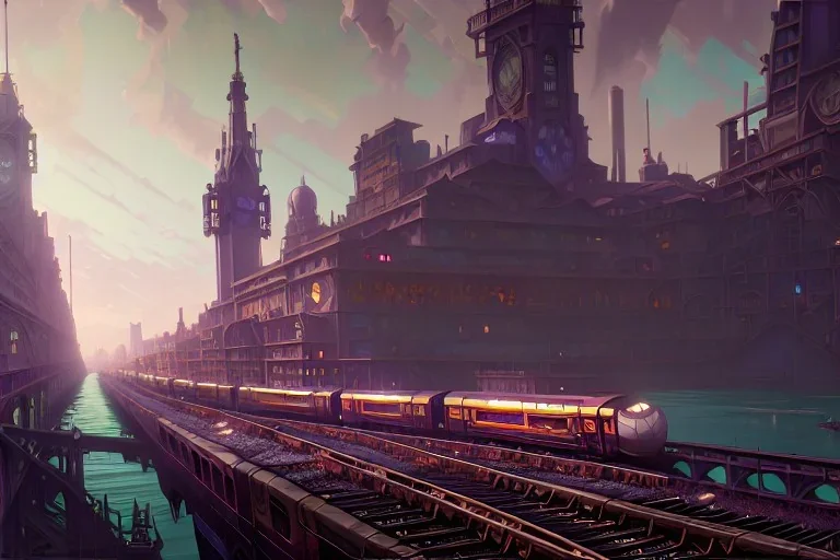 close up train+Elevated train+train+Gothic city on sea+sea+Italian colourful sea village +alphonse mucha, greg rutkowski,matte painting, cryengine, hyper detailed, felix kelly, fantasy art, seb mckinnon