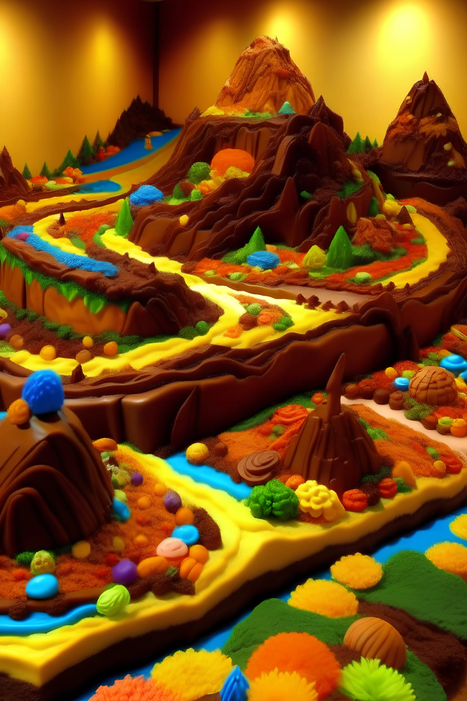 colline di caramelle di ogni tipo con fiume di cioccolato
