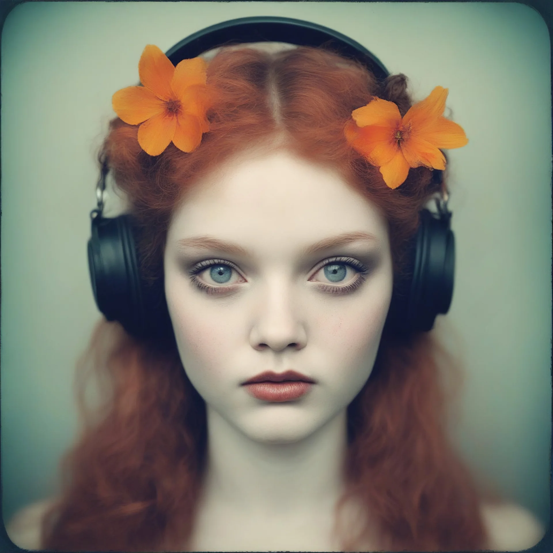 Grunge Polaroid head shot of doll faced lily cole, orange pouty bee stung lips, red nose, hair adorned with tiny flowers, red cheeks and nose, headphone