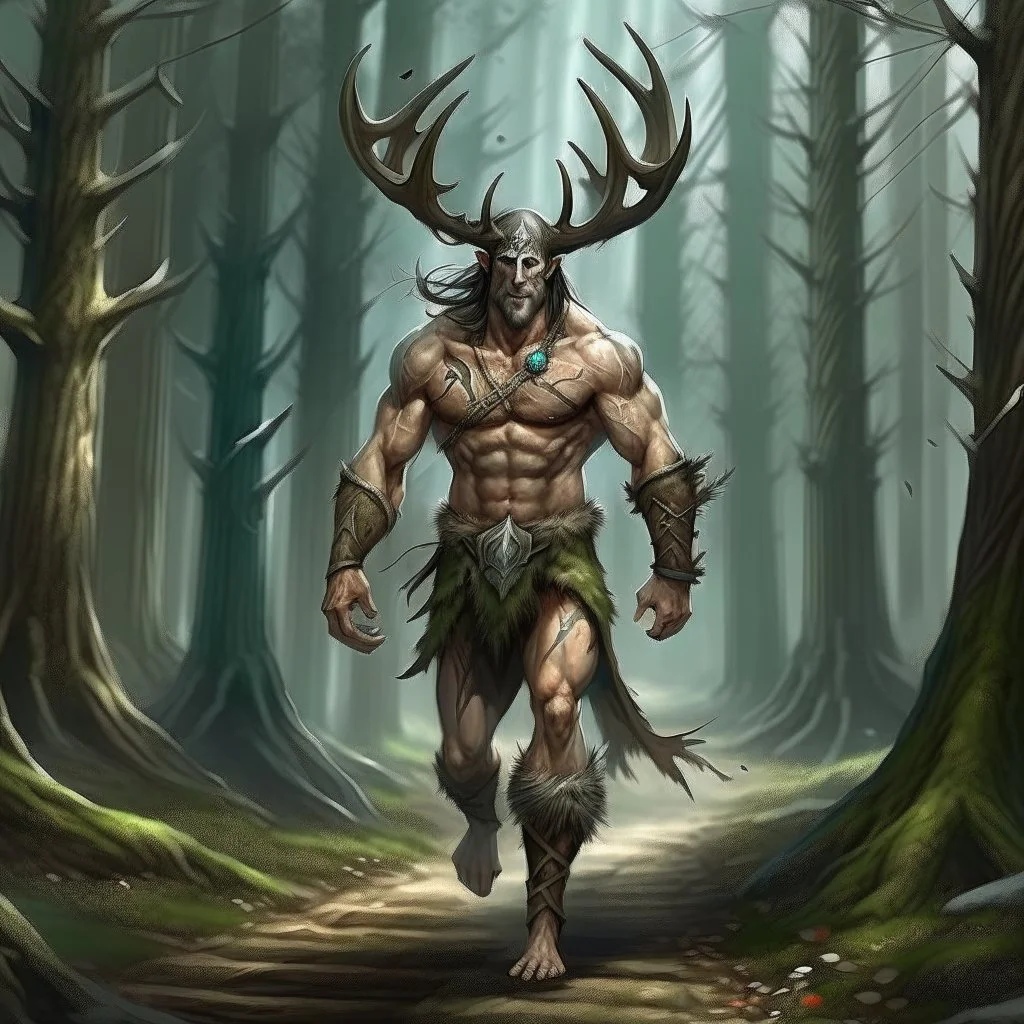 large muscular firbolg man with antlers walking in the woods fantasy digital art