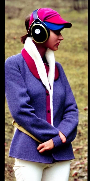 Everything she wear is in the image. of young woman, plum-blue-magenta-camouflage. She wears mantel and simple blouse.Felt cloth visor with tippet. SMALL FELT CAP is merged to Old AKG headphones with recognizable Golden rings! cloth materials are denim and felt cloth mixed. Fashion 1990's. Colors: Cream white, zinc plate, red ochre, ochre, orange - all mixed. Thick tights. Thick calves. She is in figure from top to toe.