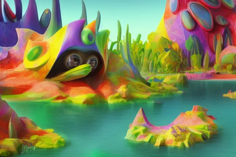 of a colorful lakeside with strange cute friendly creatures with huge eyes, mouth, long tongue and round teeth appearing from the waters, in the style of gehry and gaudi, macro lens, highly detailed, shallow depth of fielf, digital painting, trending artstation, concept art, illustration, cinematic lighting, vibrant colors, photorealism, epic, octane render