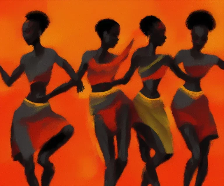 an abstract painting with figures of three African women dancing