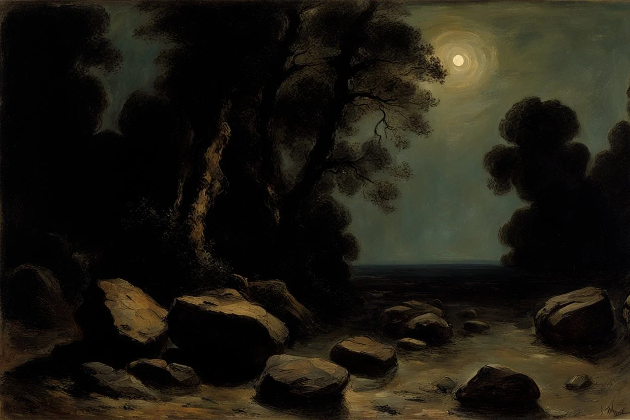 Night, rocks, trees, begginer's landscape, friedrich eckenfelder, and willem maris impressionism paintings