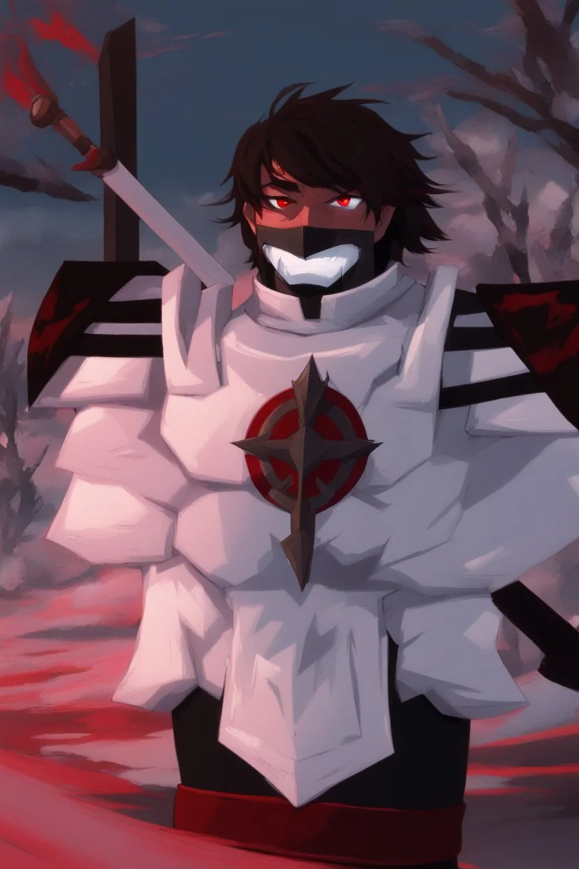 The character, in a striking white armour against a wintry backdrop stands with his arms behind his back inside the scene, he has a red and black circular symbol on his chest like a shield, a black pointed spear with a red handle on his back, His eyes are showing a dynamic expression and he wears a black oni with white sharp teeth on it covering the bottom part of his mouth he has brown shoulder pads and a white belt with a bag attached to it. He has dark brown hair, he does not wear a helmet.