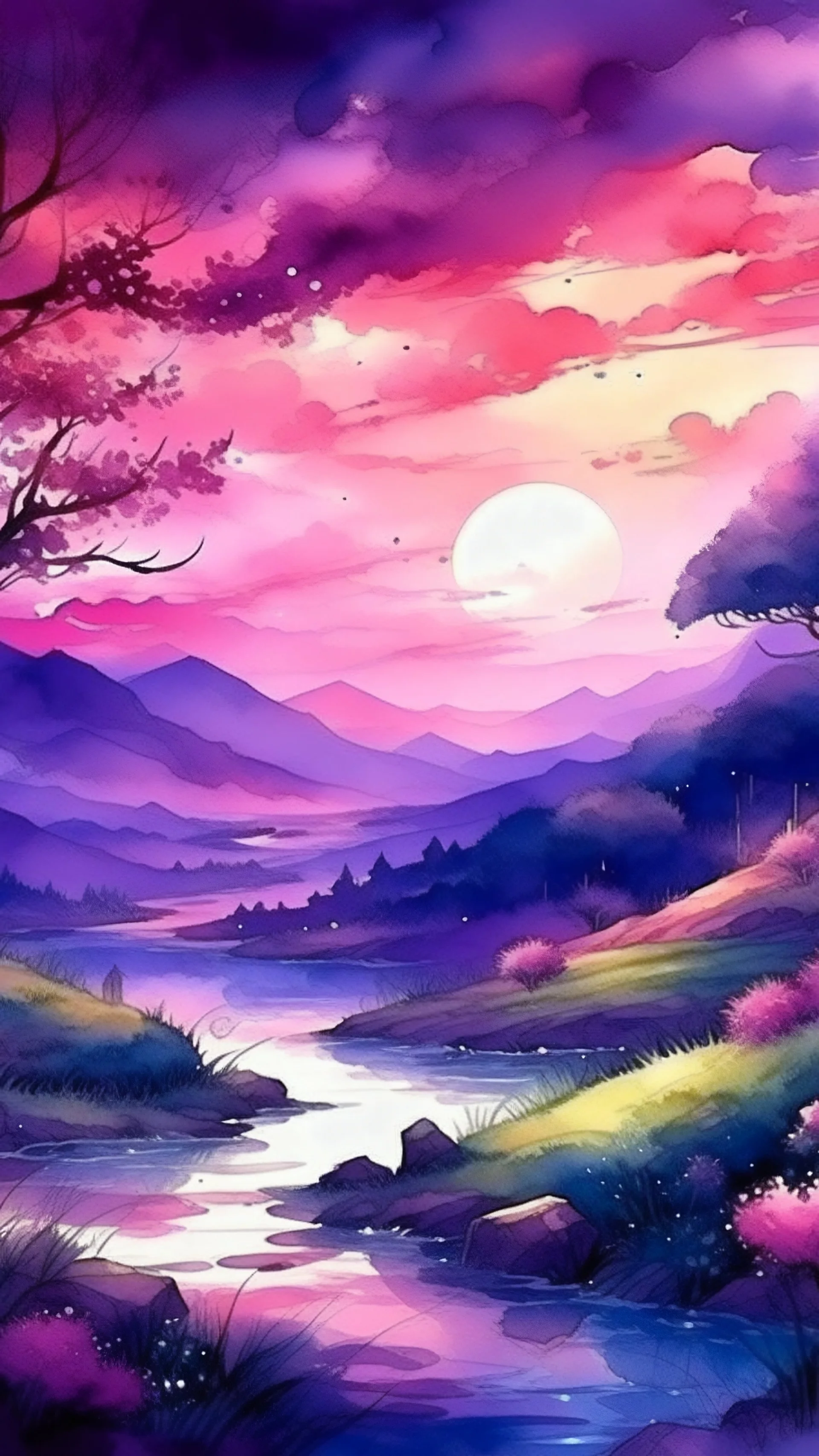 fantasy anime landscape in the evening watercolor, purple maincolor