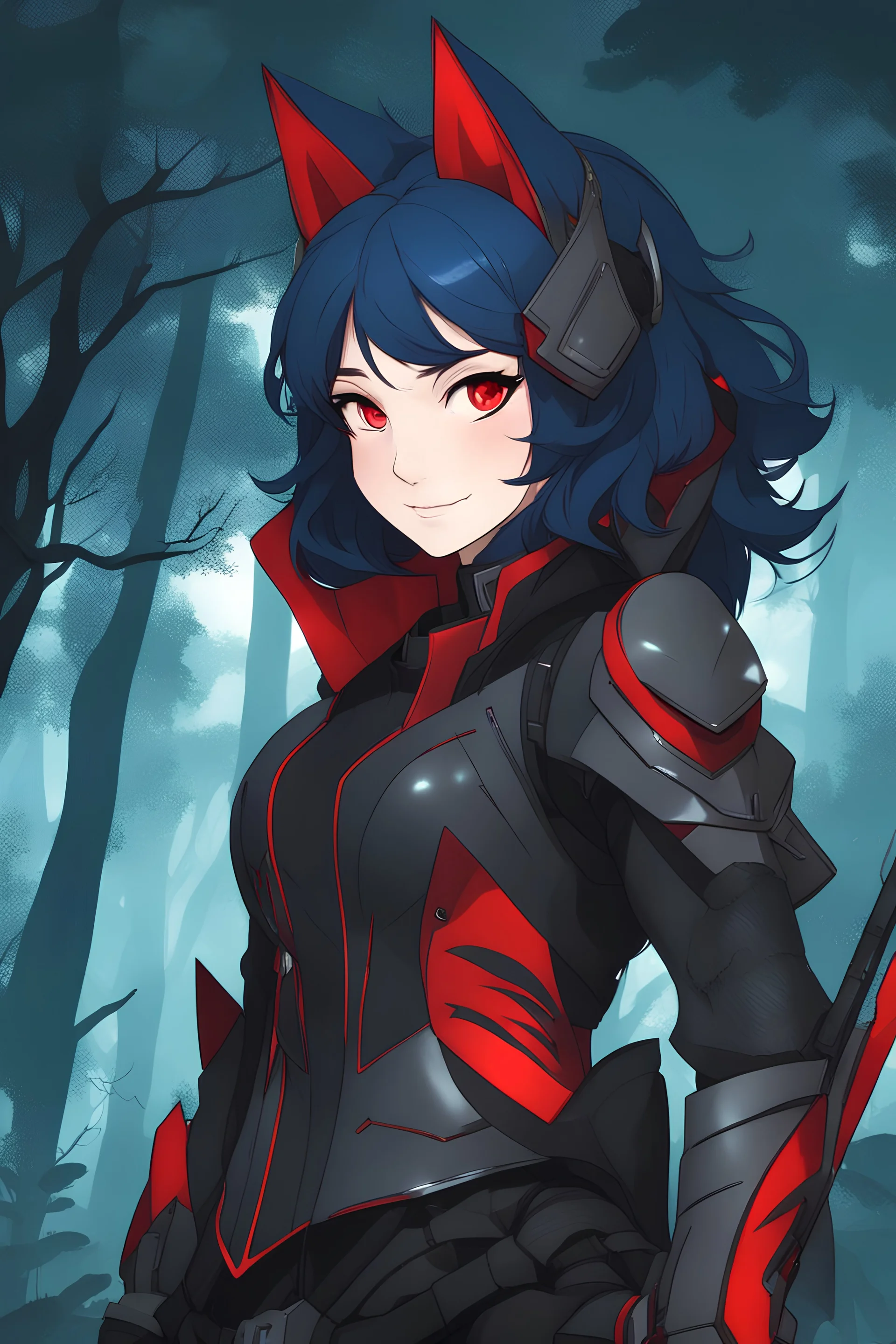 Young woman with midnight blue hair and wolf ears, vivid red eyes, futuristic leather armor, smiling, fangs, woodland background, RWBY animation style