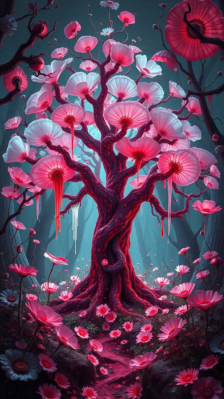 Quintessential Horror Surrealism:A cyber-a white poppies tree catastrophic dimensional fission through Seedream 3D recursive rendering, fracturing into chaos Legion Doodle simultaneous nightmare realities while simultaneously occupying four perforated reality levels—manifests as a blood-drenched forest where trees weep crimson sap and bioluminescent fungi pulse with recursive Fibonacci patterns, surrounded by carnivorous flowers with fanged mouths dripping neon venom; mat