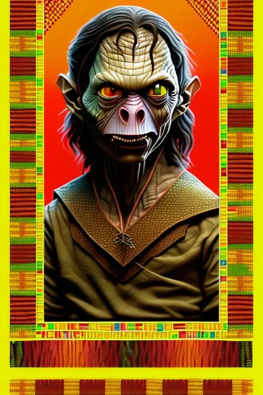 smeagol in Kente, cinematic, ghana colours, african pattern, engraved, lord of the rings, high detail