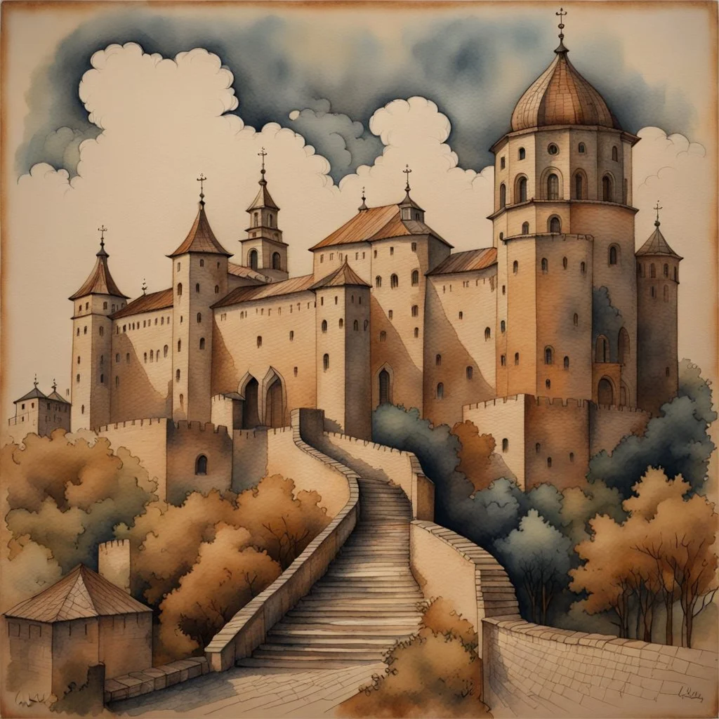 A mixed-media picture of Lutsk XIX-th century, created in the style of Bohdan Pylypiv — combining pyrography with delicate watercolor accents. The main outlines and facial features are rendered with fine woodburned lines, rich in sepia tones and texture, pastel colors