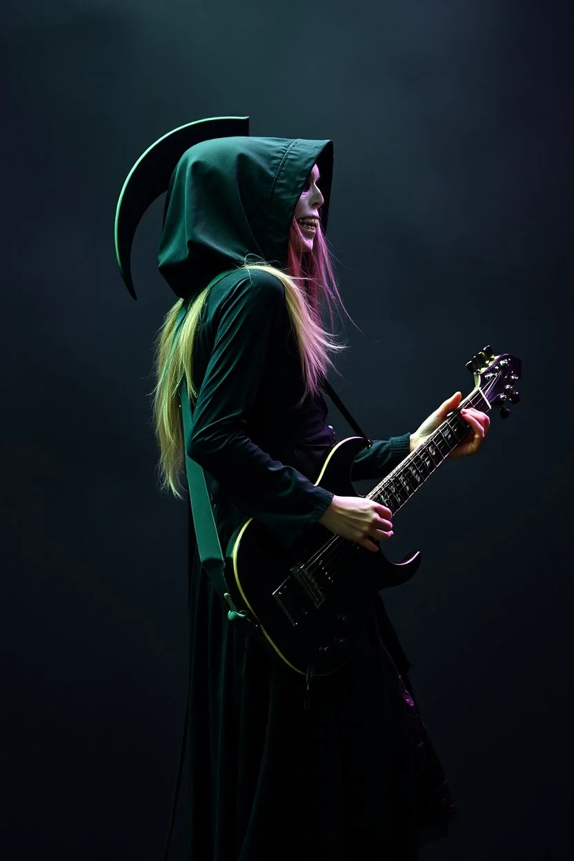 goth girl(dressed as the grim reaper, hood back) rockin' on the guitar, leaning back