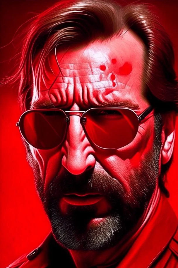 a badass, angry Hans Gruber wearing solid red glasses