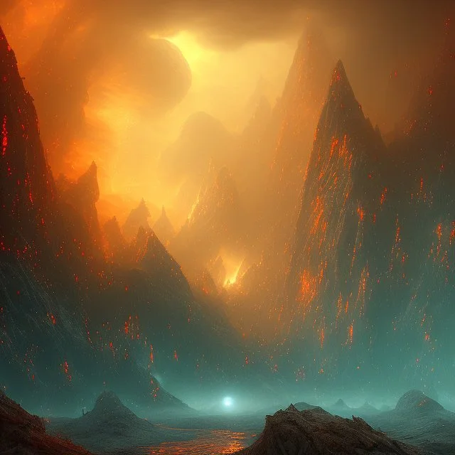 dynamic lighting, Intricately detailed, deep color, Unreal Engine, volumetric lighting, Hell landscape, Hell concept art, Hell fantasy artwork, Mountains, nightsky, orange, red, nebulae,