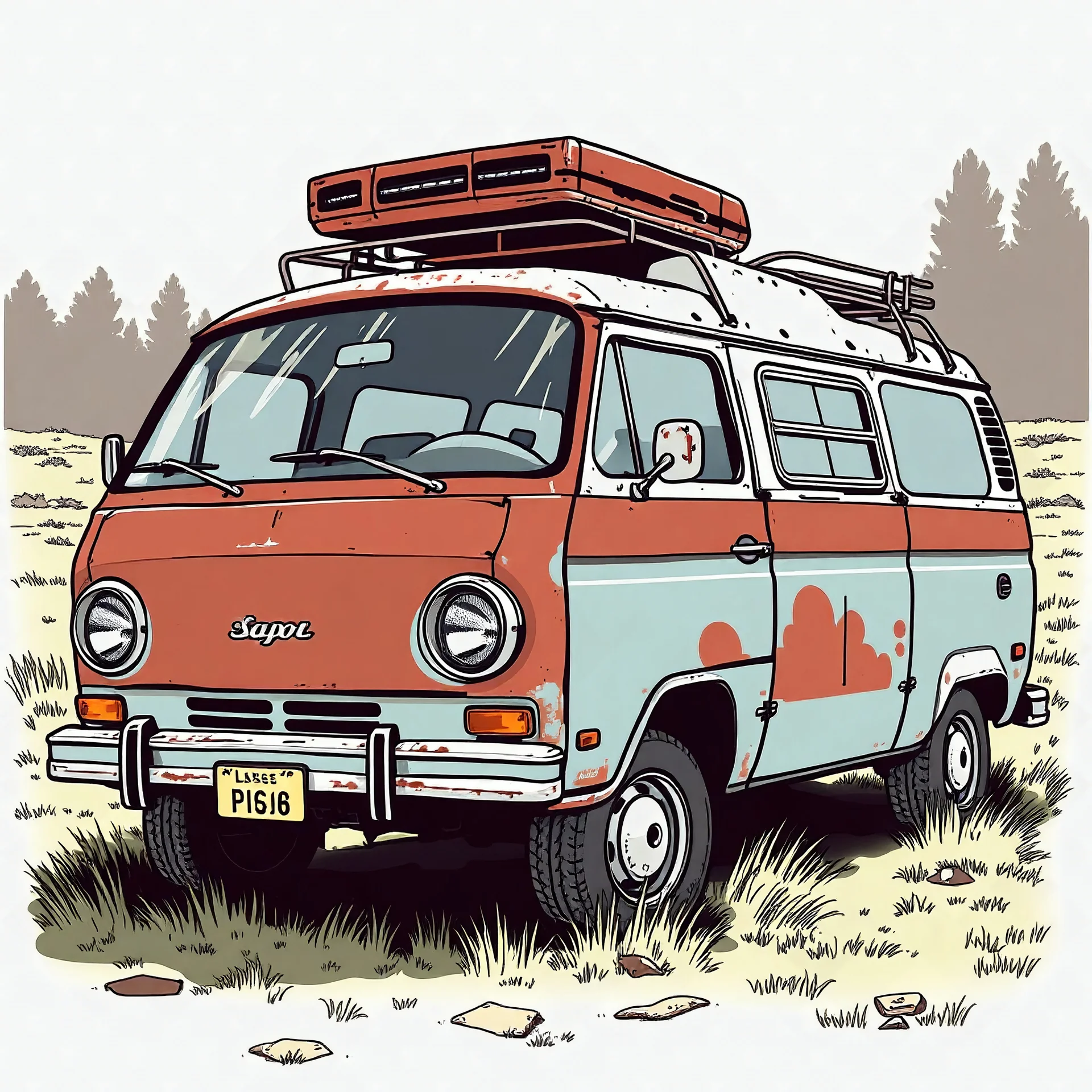 drawn of a rusty minivan in a 70's illustration style