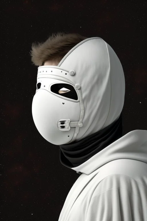 Planet Mercury portrayed as a masked human wearing robes, the right side of the mask is black with open white eye, the left side of the mask is white with closed eye.